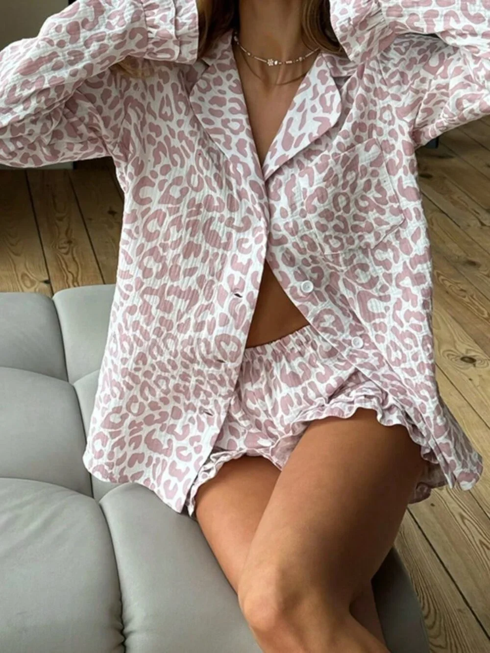 Pink Women's Button Down Leopard Print Pajama Set With Ruffled Hem Shorts